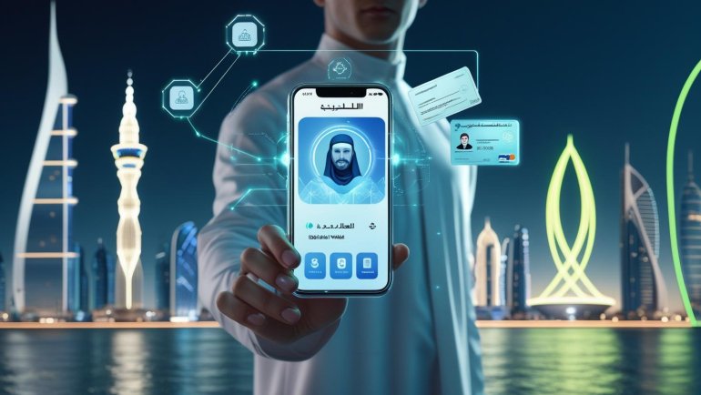 رسم توضيحي لمحفظة هوية رقمية أوروبية على هاتف ذكي، مع رموز رقمية وخلفية تمثل أوروبا والخليج