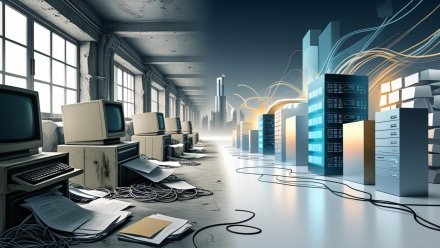 رسم تعبيري يوضح تحول الأنظمة القديمة إلى بنية رقمية حديثة باستخدام رموز تقنية وخطوط بيانات، مستلهم من رؤية السعودية 2030