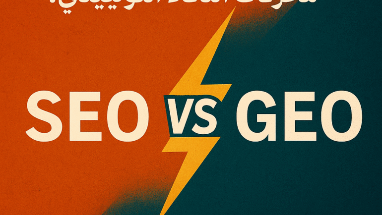 رسم توضيحي لدمج مفاهيم SEO التقليدي وGEO الحديث مع وجود عناصر تعبيرية عن الذكاء الاصطناعي ومحركات البحث في مشهد رقمي مستقبلي
