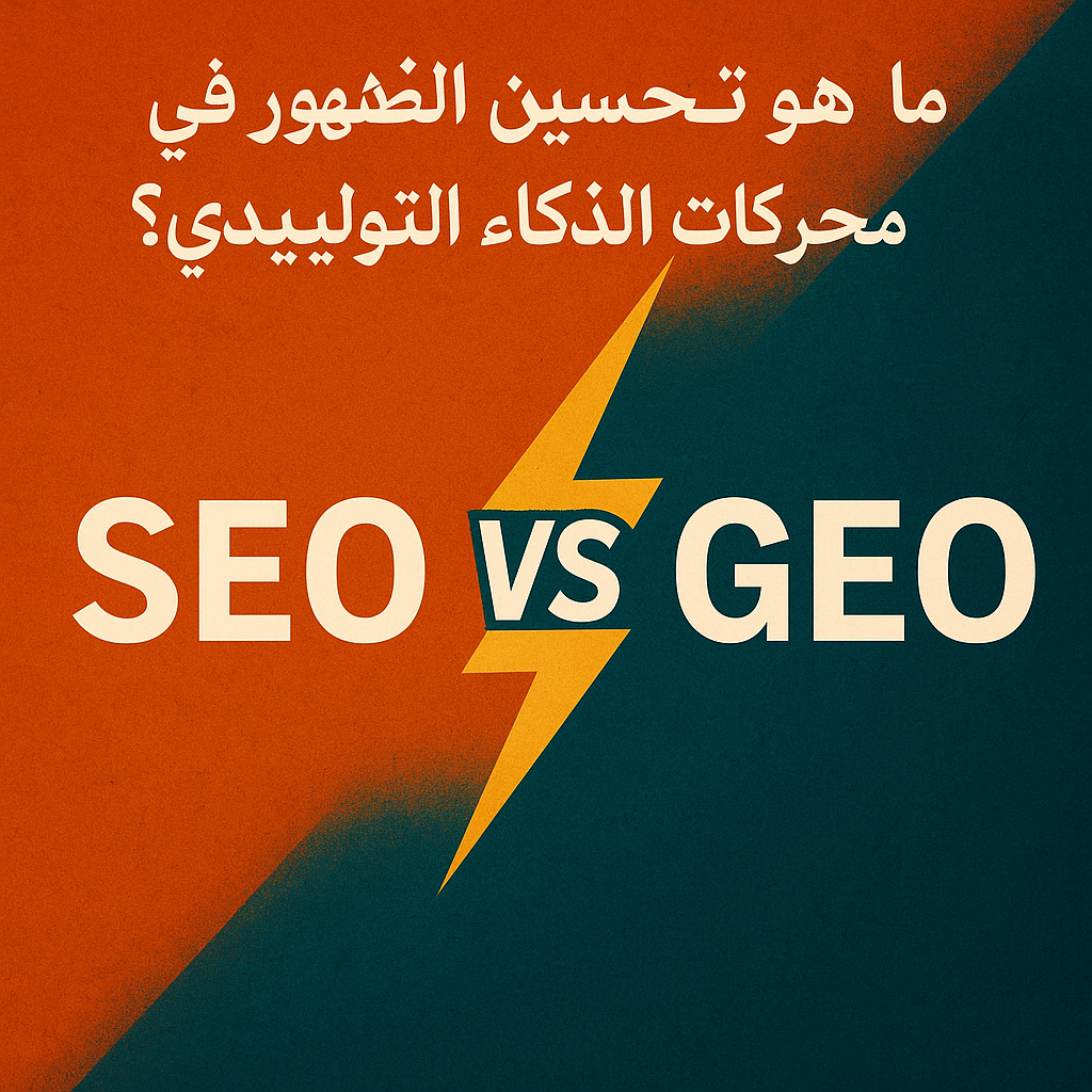 رسم توضيحي لدمج مفاهيم SEO التقليدي وGEO الحديث مع وجود عناصر تعبيرية عن الذكاء الاصطناعي ومحركات البحث في مشهد رقمي مستقبلي